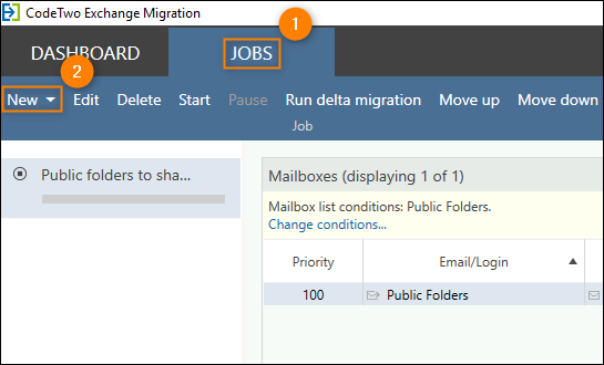 Creating a new job in CodeTwo Exchange Migration.