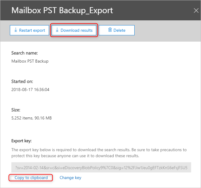 Export Office 365 mailboxes to PST download results