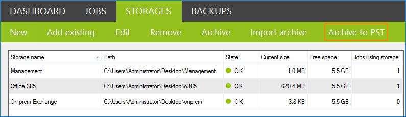 CodeTwo Backup Archive to PST option