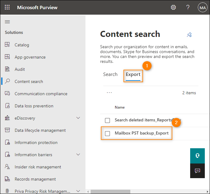 eDiscovery content search Export tab