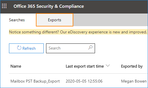 eDiscovery content search Export tab