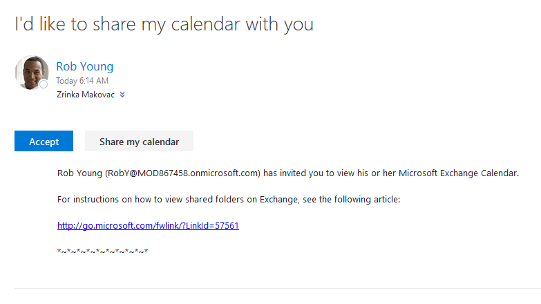 Office 365 - I'd like to share my calendar with you message
