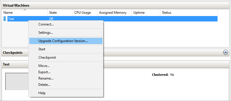 Perform the upgrade of the configuration version by right clicking on the virtual machine. 