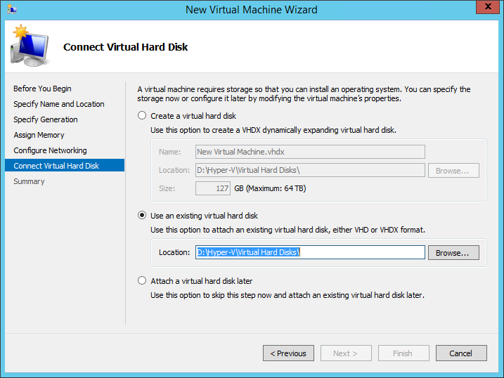 Connect an existing virtual hard disk in the New Virtual Machine Wizard. 