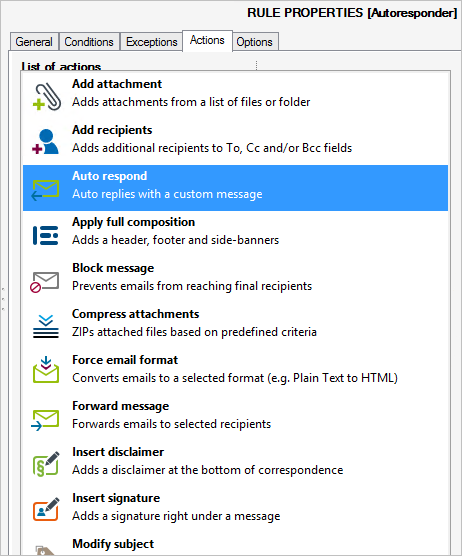 Selected actions in CodeTwo Exchange Rules Pro