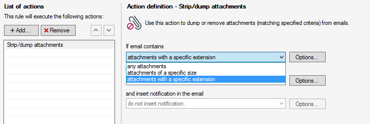 Adjusting the Strip/dump attachments action's settings