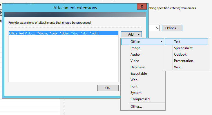 Using the Add button to add predefined file extensions