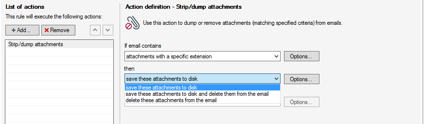 Configuring the Strip/dump attachments action