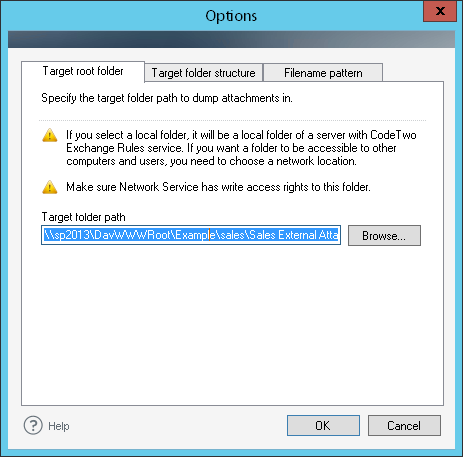 Providing the target folder in which CodeTwo Exchange Rules Pro will save attachments