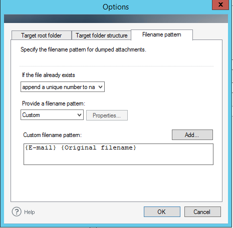 Defining a custom filename pattern in the Strip/dump attachments action in CodeTwo Exchange Rules Pro