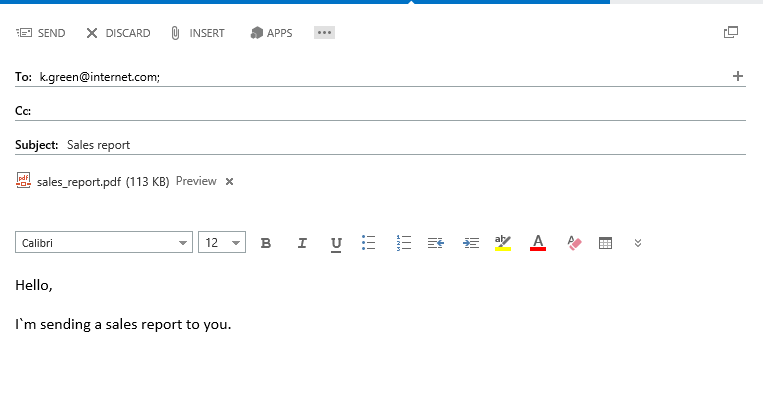 An example email with a PDF attachment