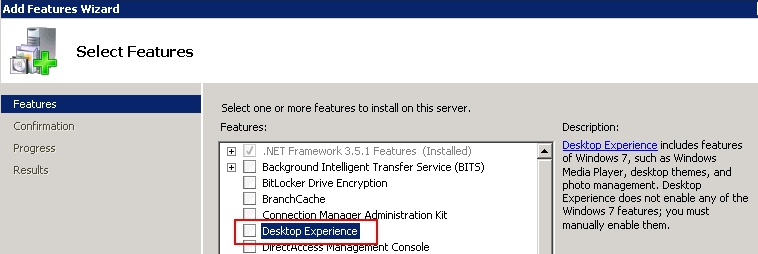 Windows Server 2008: Add Feature Wizard with the Desktop Experience feature highlighted