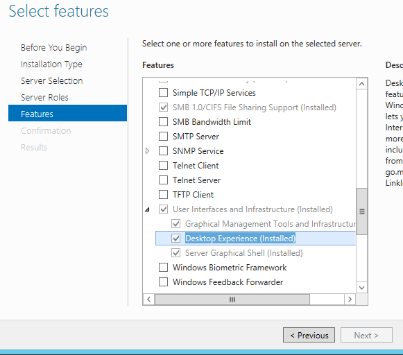 Windows Server 2012: Add Feature Wizard with the Desktop Experience feature highlighted
