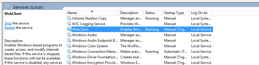 Services snap-in with the WebClient entry highlighted