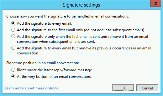 Disclaimer positioning options in CodeTwo Exchange Rules Pro.