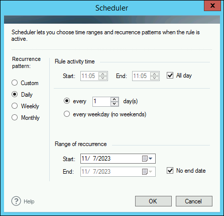 Setting up a date range for a rule in CodeTwo Exchange Rules Pro.