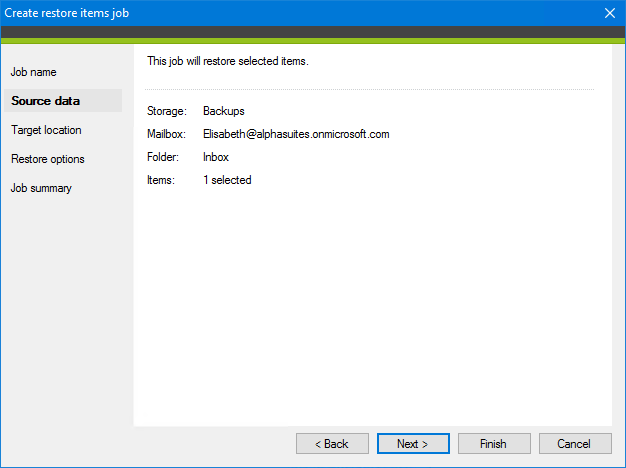 Create a restore job - select source data