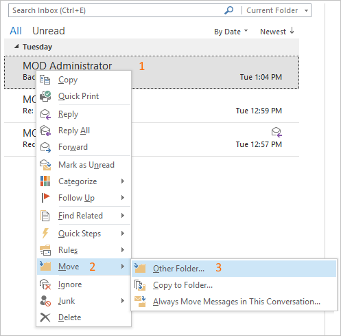 Move deleted emails to other folder