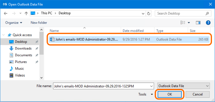 Select the PST file to open it in Outlook