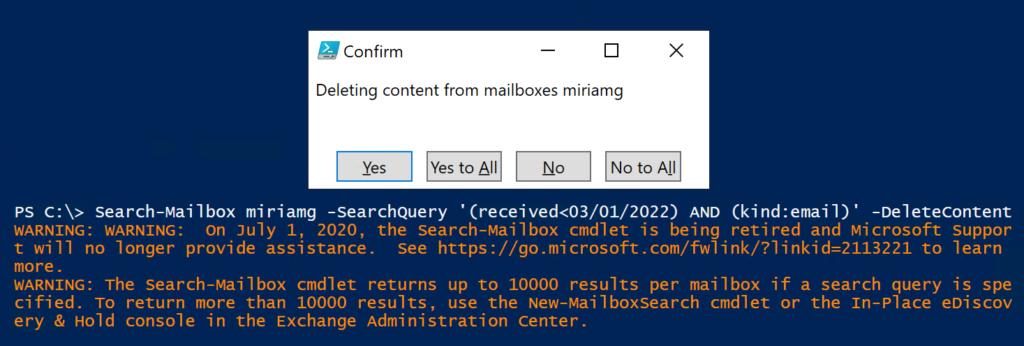 Delete content with Search-Mailbox - warning