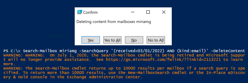 Delete content with Search-Mailbox - Warning