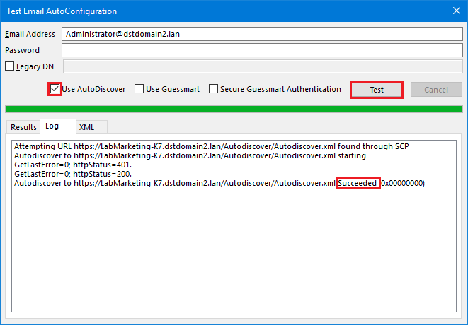 Test Email AutoConfiguration window