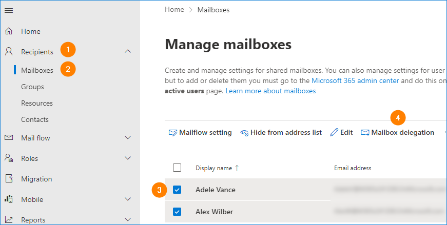 Configure mailbox delegation in Exchange Online admin center