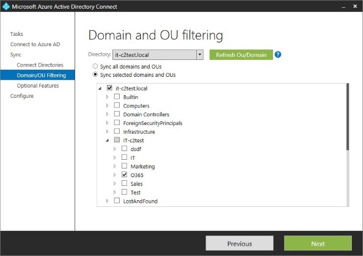 Domain and OU filtering in Azure AD Connect.
