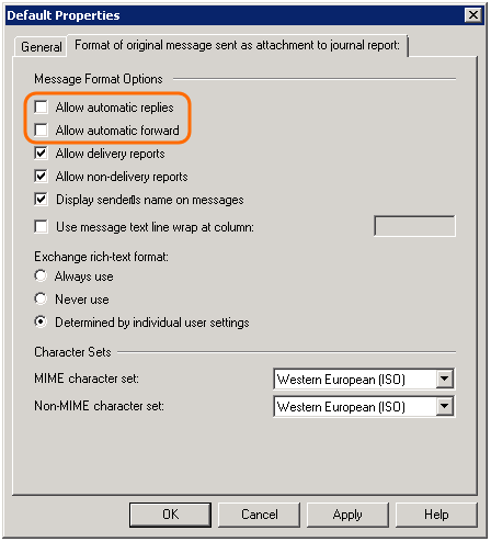 Exchange Server 2007-2010 message format settings.