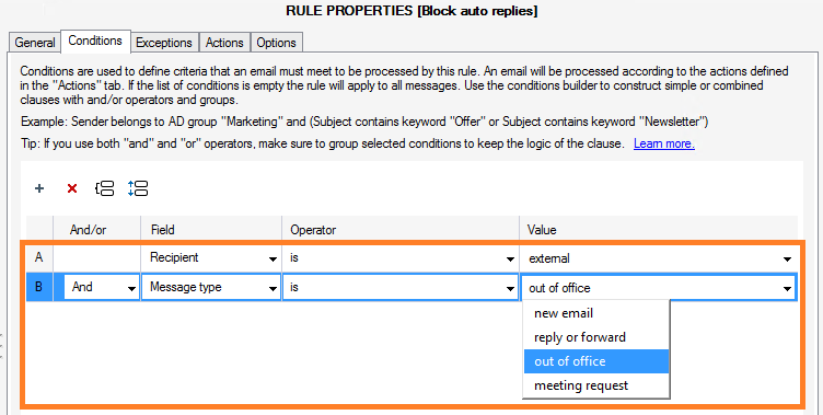 CodeTwo Exchange Rules Pro - conditions tab.