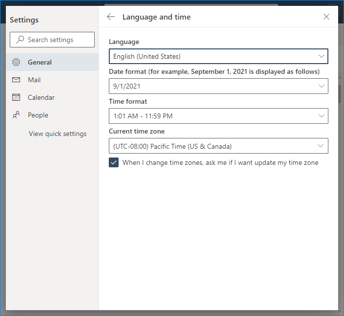 Language and time settings in M365
