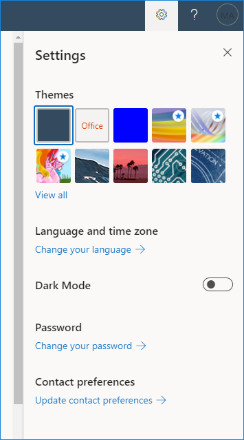 Language settings button in Microsoft 365 portal