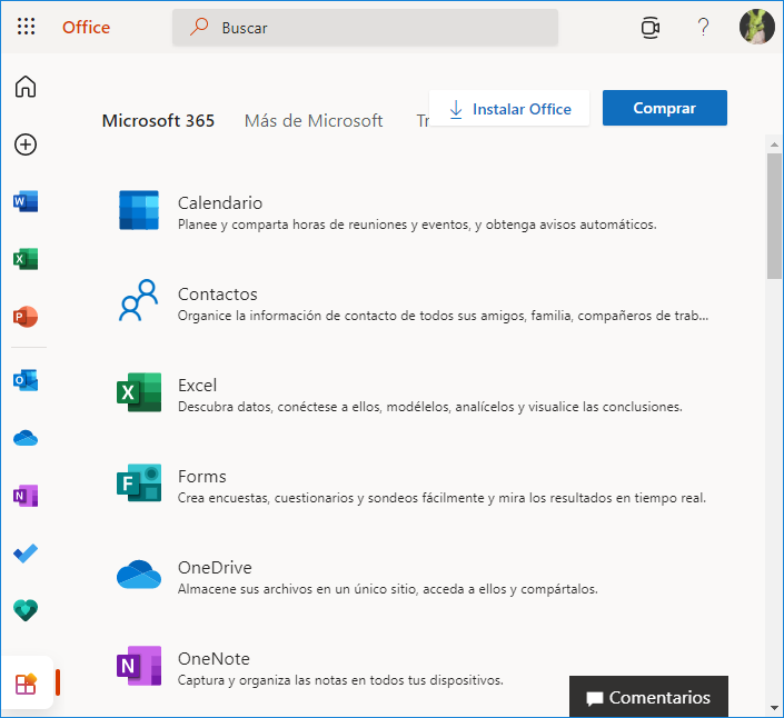 Microsoft 365 portal in Spanish
