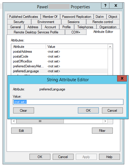 Attribute preferredLanguage in Active Directory.