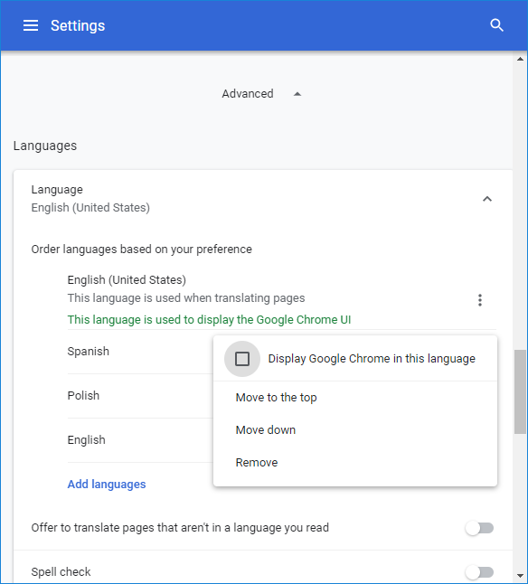Choose the default language in Google Chrome