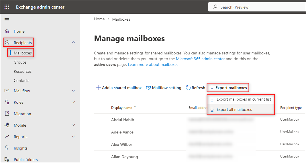 How to export users from the modern Exchange admin center