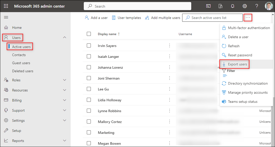 Export all users from the Microsoft 365 admin center (Exchange Online).