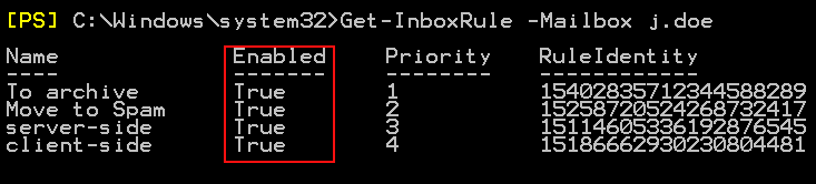 Get-InboxRule rule list enabled