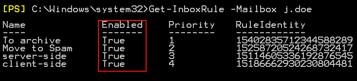 Lista de reguli Get-InboxRule enabled 