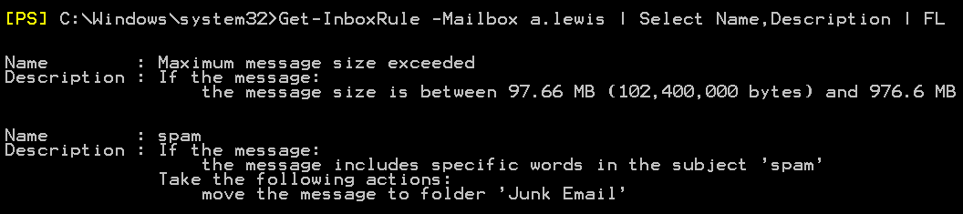 Get-InboxRuleルールリスト名の説明