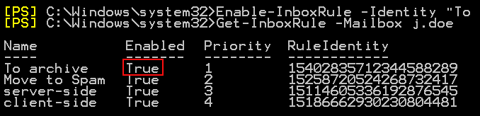 la Gestione di Outlook regole Enable-InboxRule 1