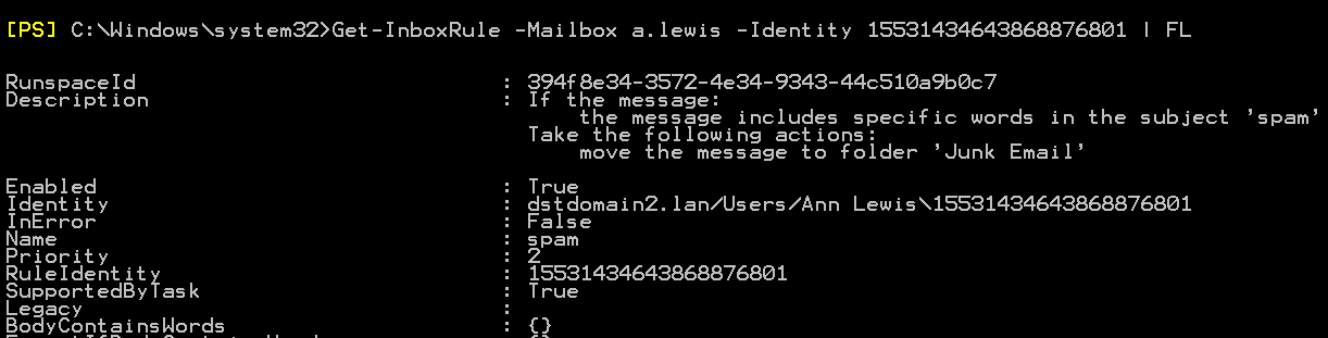zarządzanie regułami programu Outlook opis reguły Get-InboxRule 