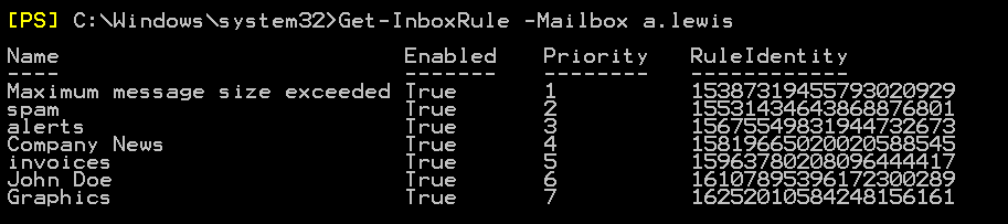 Gestione delle regole di Outlook Get-InboxRule rule list 