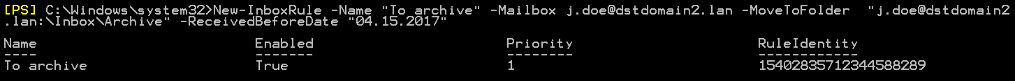 New-InboxRule regel verplaatsen naar archief