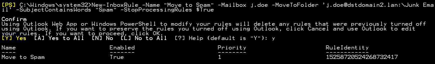 New-Regola InboxRule sposta su spam