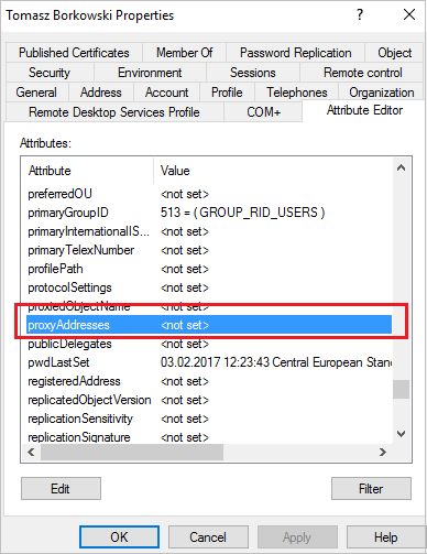 Setting up proxyAddresses parameter