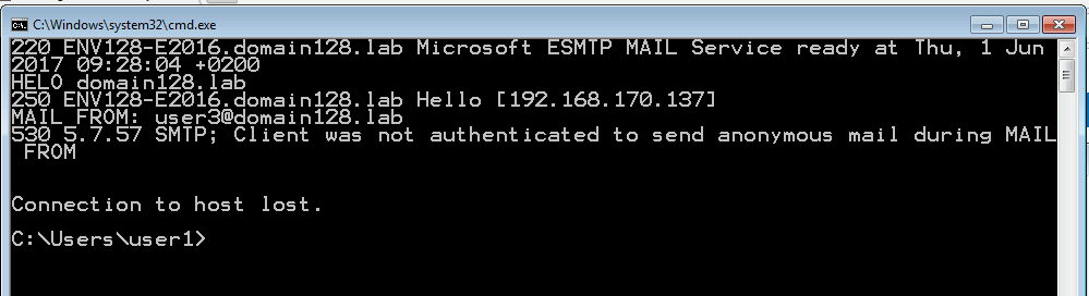 Testing internal client SMTP connector telnet
