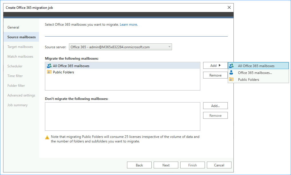 Selecting Office 365 source mailboxes