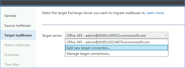 Add new target Office 365 server connection
