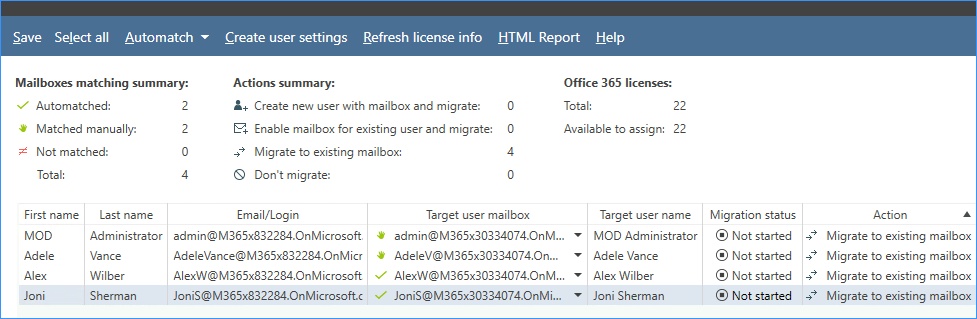 Match user Office 365 mailboxes